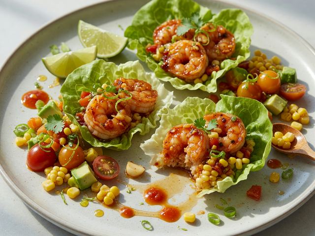 Hot-Honey Shrimp Lettuce Wraps with Corn-Tomato Relish