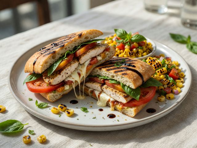 Italian Caprese Chicken Panini with Charred Corn Relish