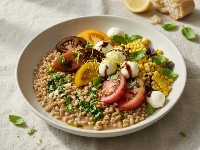 Italian Heirloom Tomato Farro Bowls with Fresh Mozzarella & Basil Corn