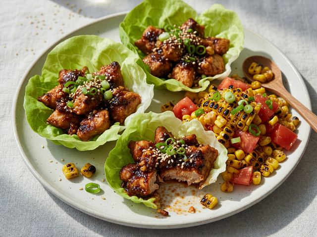 Korean Gochujang Chicken Lettuce Cups with Charred Corn Relish