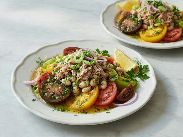 Lemon-Dill Tuna White Bean Heirloom Tomato Plates