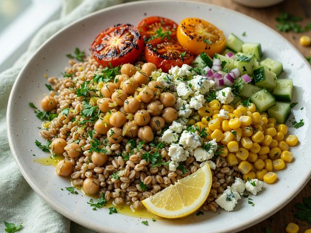Lemon-Herb Chickpea Farro Bowls with Blistered Tomatoes & Corn