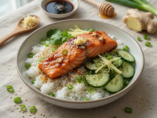 Miso-Ginger Salmon Rice Bowls with Cucumber Salad