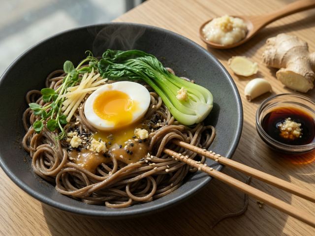 Miso-Ginger Soba Noodle Bowls with Soft Eggs & Greens