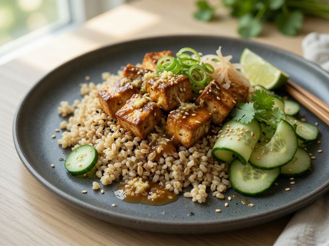 Miso Ginger Tofu Grain Bowls with Quick Cucumbers