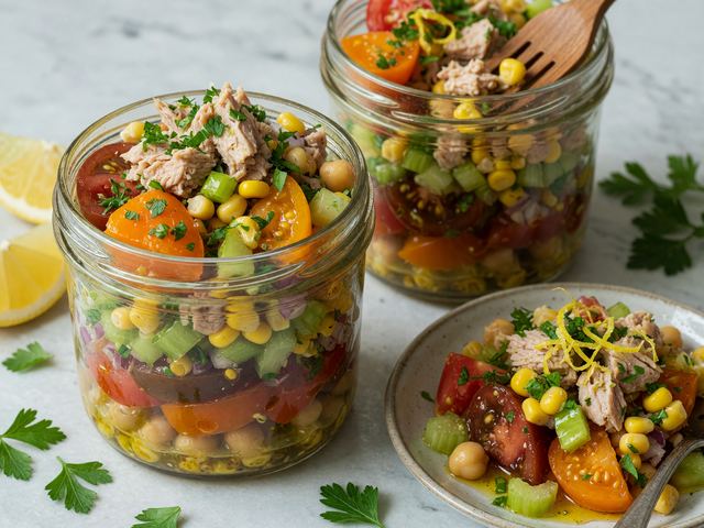No-Cook Tuna Heirloom Tomato Corn Salad Jars