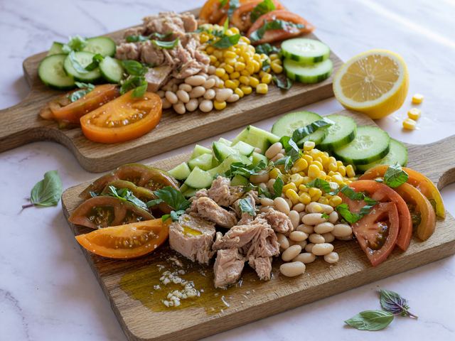 No-Cook Tuna, Heirloom Tomato & Sweet Corn Lunch Boards