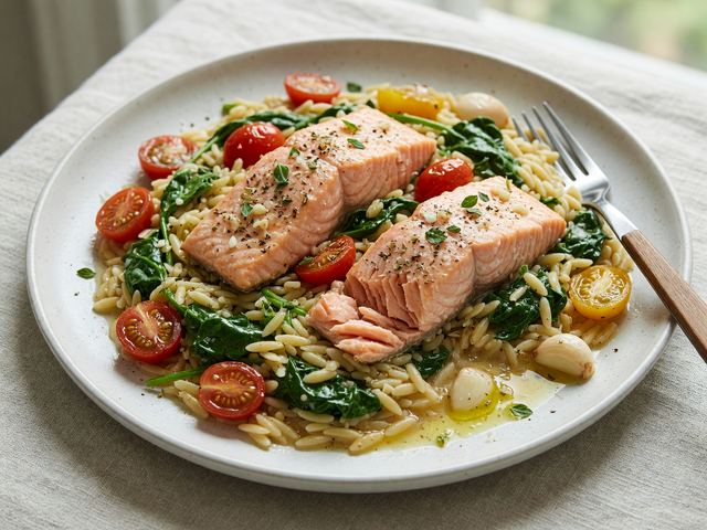 One-Pan Salmon Orzo with Spinach