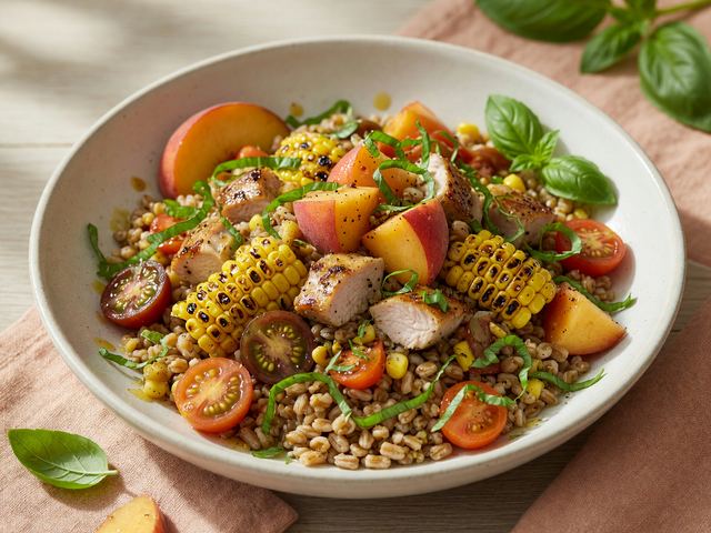 Peach-Basil Chicken & Charred Corn Farro Bowls