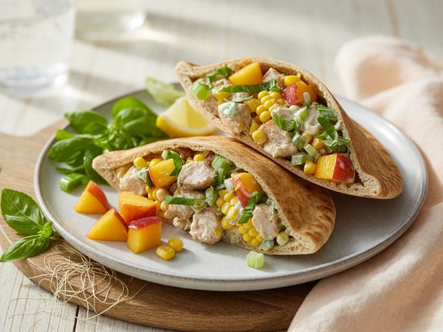 Peach-Basil Chicken Salad Pita Packs with Fresh Corn