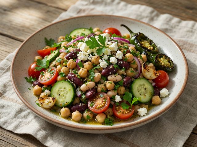 Picnic Dense Bean Salad with Charred Jalapeño Dressing