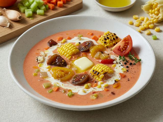 Quick Creamy Sweet Corn & Heirloom Tomato Bisque