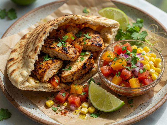 Quick Grill-Pan Chicken Pita Packs with Tomato-Corn Relish