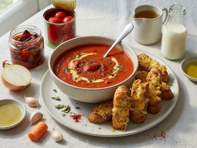 Roasted Red Pepper Tomato Soup with Cheesy Toast Soldiers