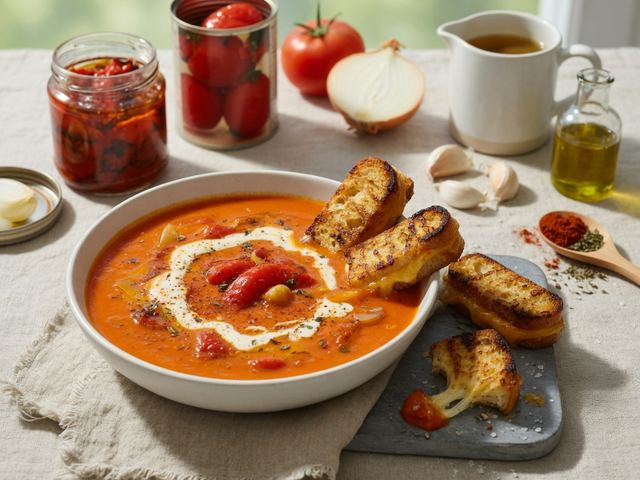 Roasted Red Pepper Tomato Soup with Mini Grilled Cheese Dippers