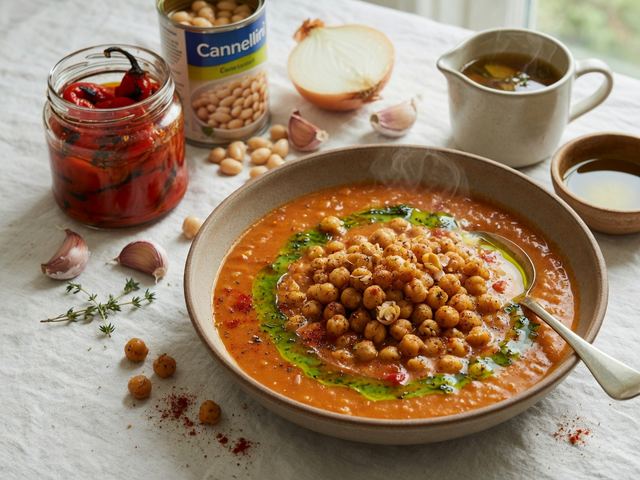 Roasted Red Pepper & White Bean Soup with Crispy Chickpeas