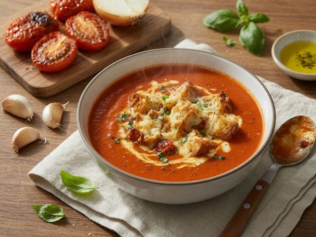Roasted Tomato Basil Soup with Cheesy Crouton Tops