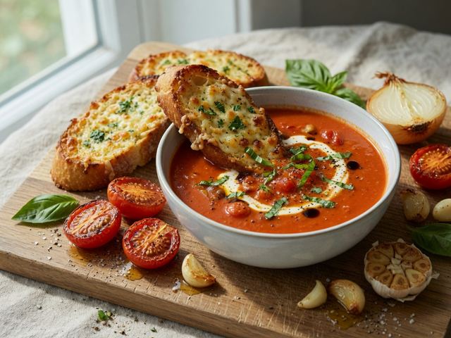 Roasted Tomato Basil Soup with Cheesy Garlic Toasts