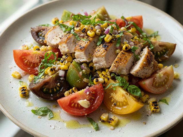 Rotisserie Chicken Heirloom Tomato Salad with Charred Corn Relish