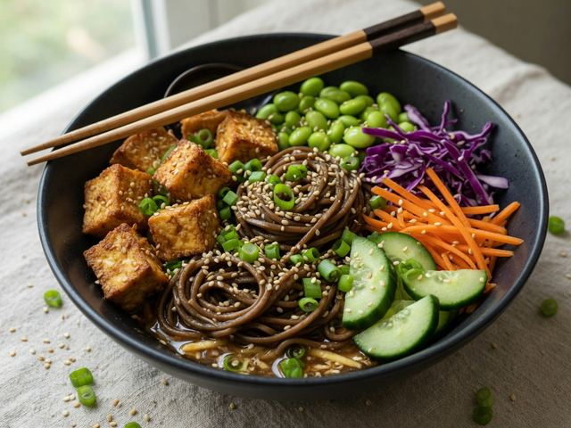 Sesame-Ginger Soba Noodle Bowls with Edamame & Crispy Tofu