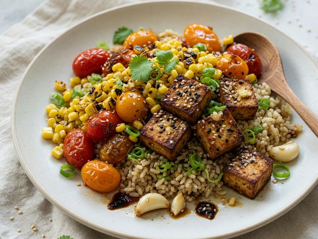 Sesame-Ginger Tofu Grain Bowls with Blistered Tomatoes & Corn