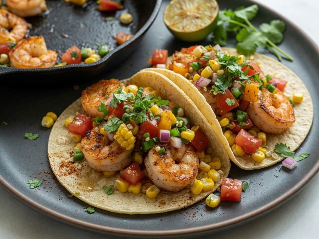 Skillet Shrimp Tacos with Fresh Corn & Tomato Salsa