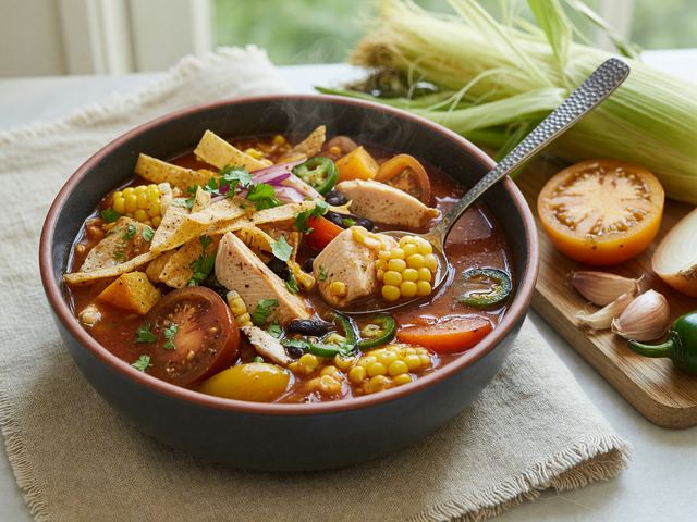 Smoky Tex-Mex Chicken Tortilla Soup with Fresh Corn & Heirloom Tomatoes