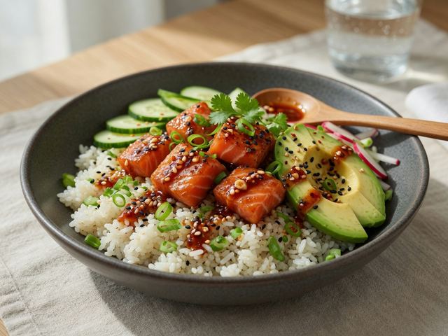 Spicy Salmon Avocado Rice Bowls