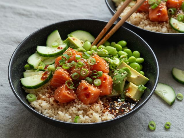 Spicy Salmon Poke Bowls with Cucumber Crunch