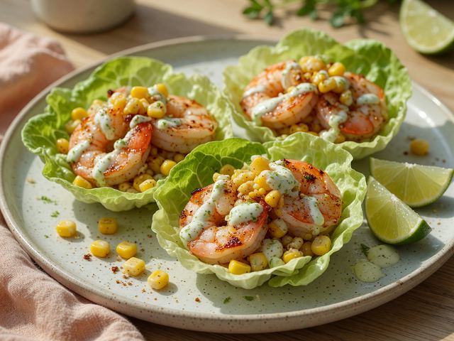 Street-Corn Shrimp Lettuce Cups with Lime Crema