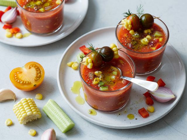 Sunday-Batch Heirloom Tomato Corn Gazpacho Cups