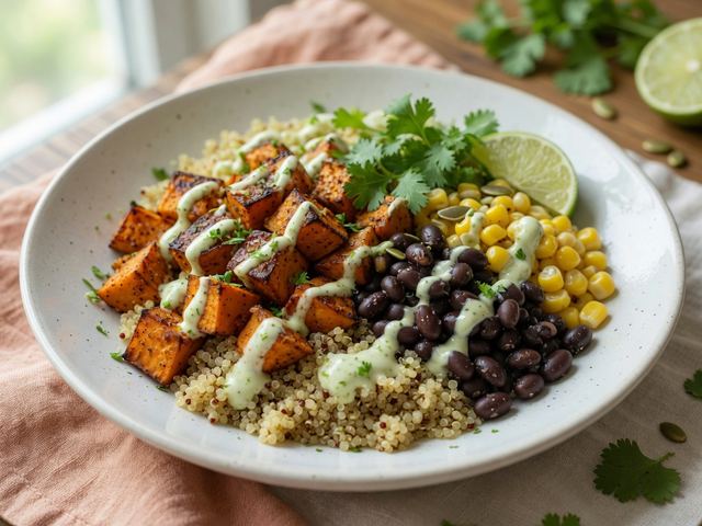 Sweet Potato Black Bean Quinoa Bowls with Lime Crema