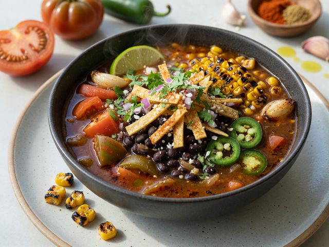 Tex-Mex Charred Corn & Black Bean Tortilla Soup