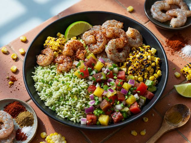 Tex-Mex Charred Corn Shrimp Burrito Bowls with Heirloom Pico