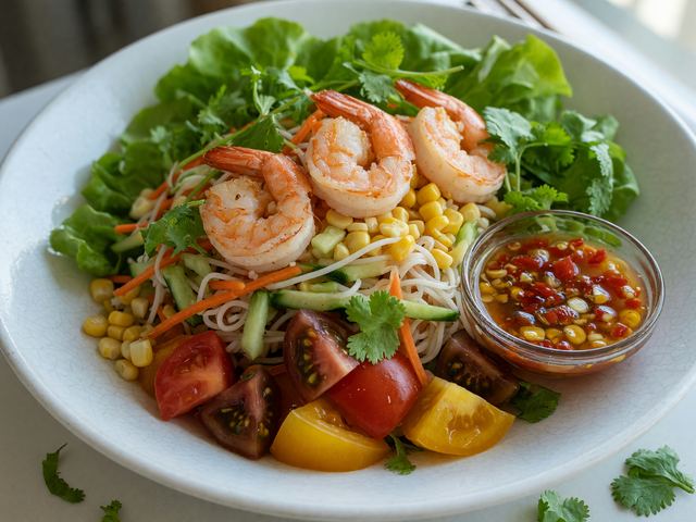 Vietnamese-Style Shrimp Rice Noodle Salad with Tomato-Corn Nuoc Cham