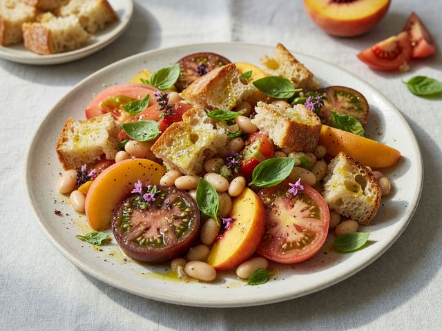 White Bean Peach Heirloom Tomato Panzanella Bowls